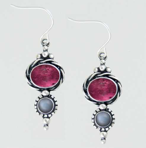 Sterling Silver Drop Dangle Earrings With Pink Tourmaline And Grey Moonstone